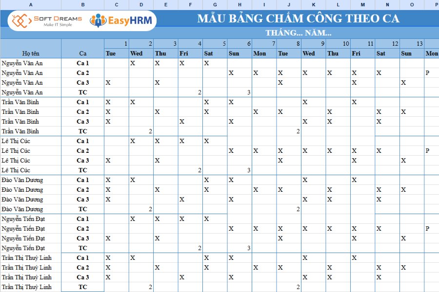 Mẫu bảng chấm công theo ca excel