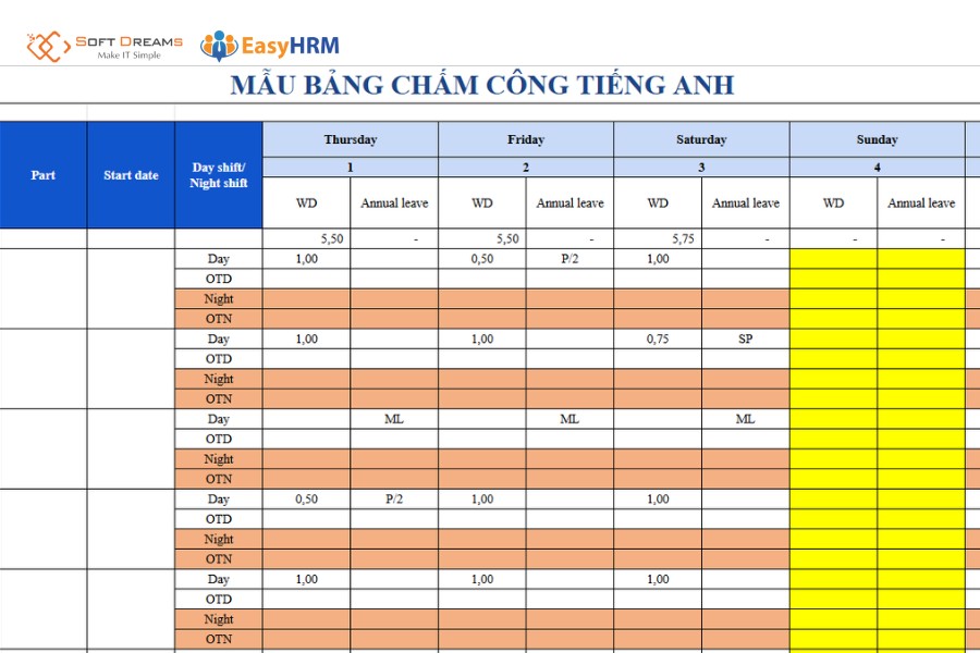Mẫu bảng chấm công bằng tiếng anh