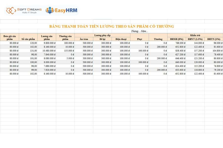 File Excel tính lương theo sản phẩm có thưởng