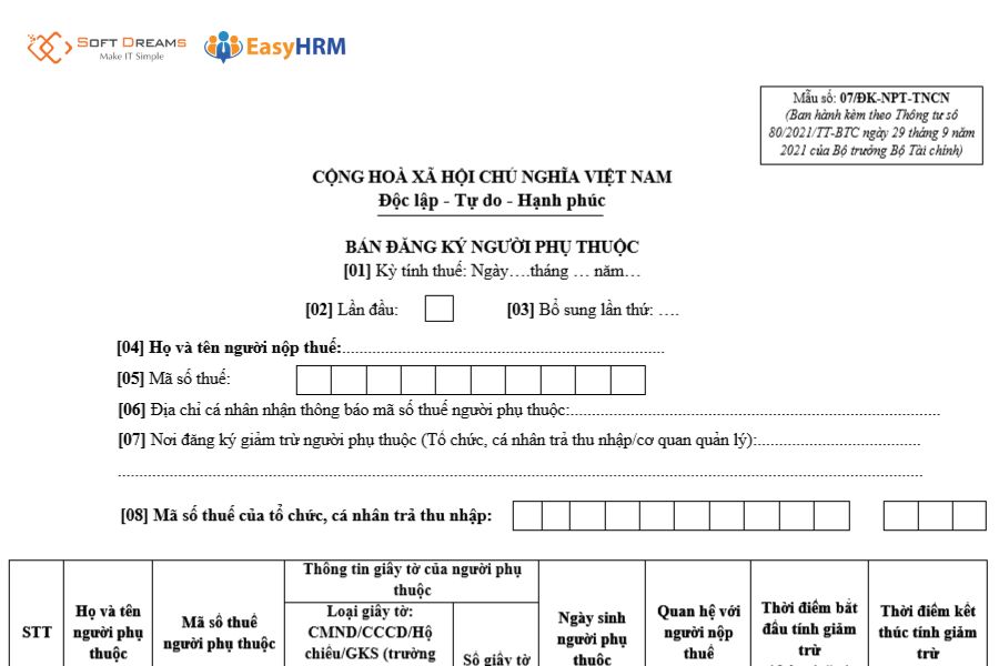 Mẫu đăng ký người phụ thuộc để giảm trừ gia cảnh