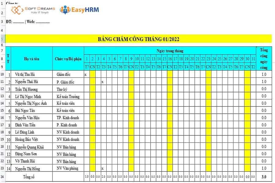 Các file chấm công theo giờ phổ biến hiện nay
