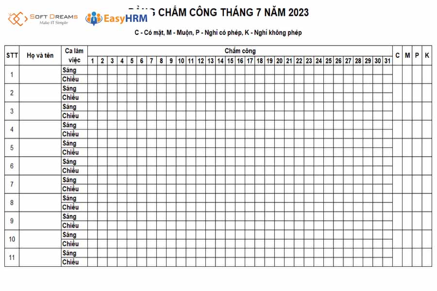 Những thông tin cần có trong bảng chấm công sáng chiều