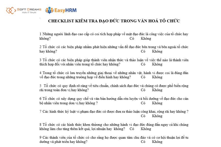 Mẫu kiểm tra đạo đức trong văn hoá doanh nghiệp