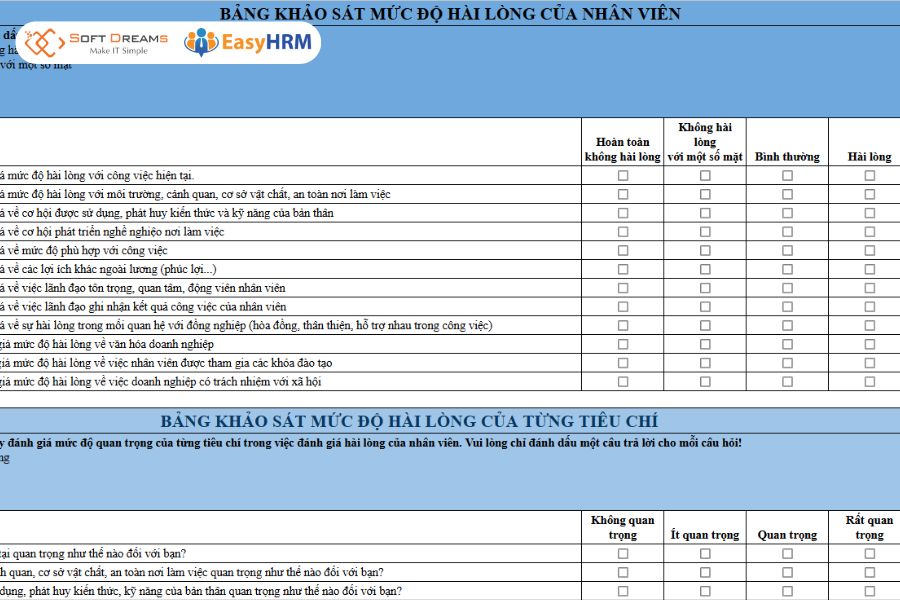 Mẫu khảo sát mức độ hài lòng của nhân viên