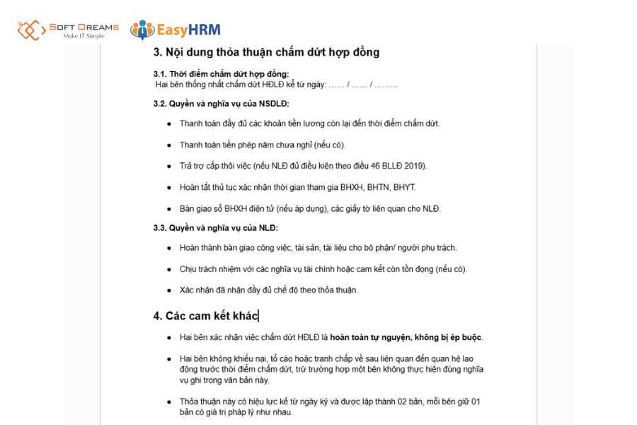 Thời điểm chấm dứt hợp đồng, quyền và nghĩa vụ các bên và các cam kết khác
