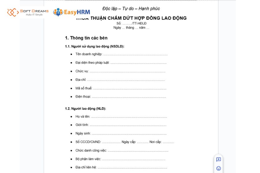 Thông tin các bên cần có trong thỏa thuận chấm dứt hợp đồng lao động