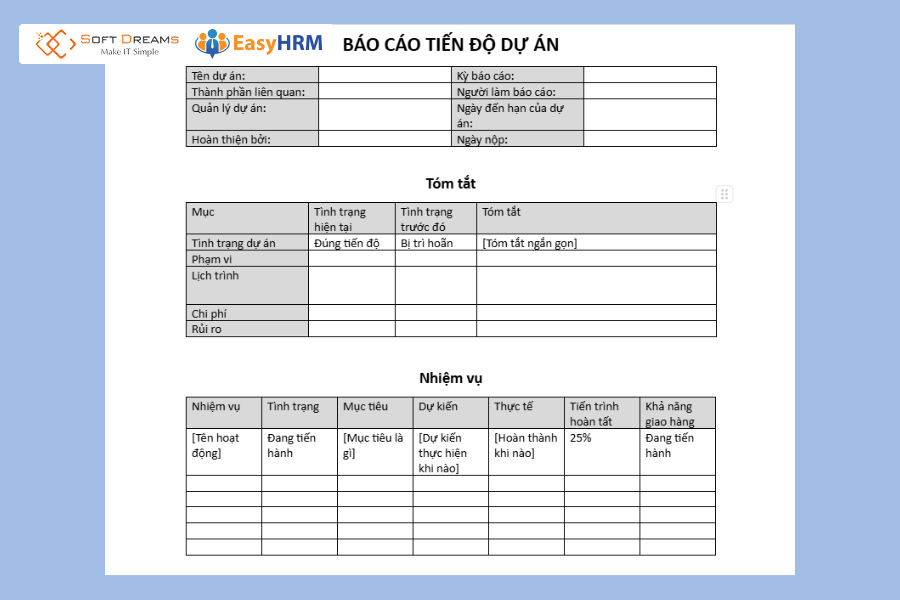 Báo cáo dự án nên làm rõ các khoản mục về chi phí, nguồn lực mỗi hạng mục