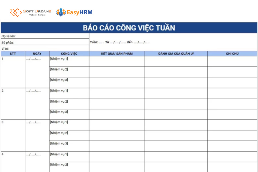 Mẫu báo cáo công việc theo tuần (dạng bảng theo dõi)