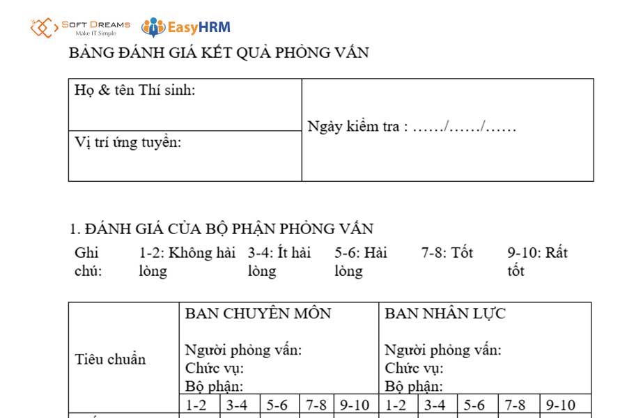 Phiếu đánh giá phỏng vấn theo thang điểm