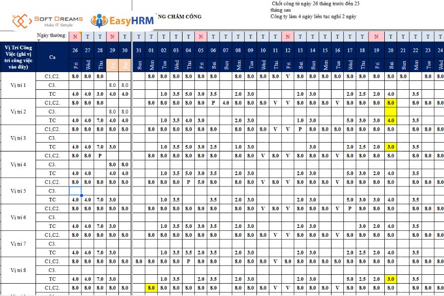 Mẫu bảng chấm công hàng ngày dùng công thức