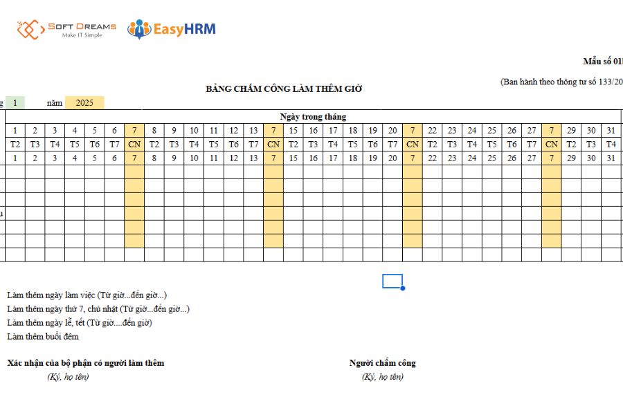 Mẫu bảng chấm công làm thêm giờ