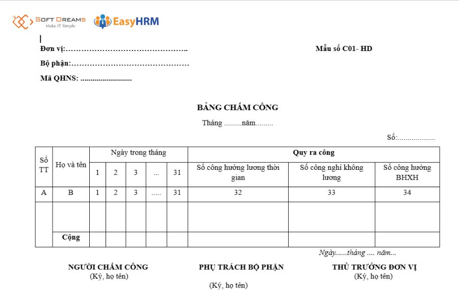 Mẫu bảng chấm công theo thông tư 177