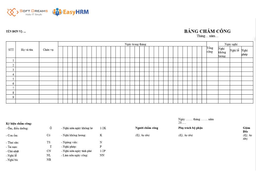 Mẫu bảng chấm công tính lương bằng word