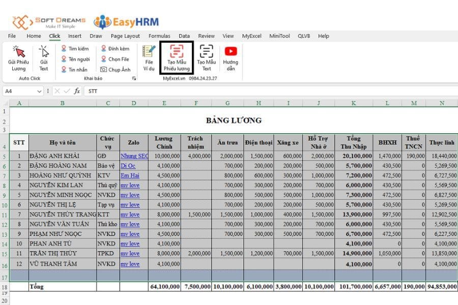 Tạo mẫu phiếu lương gửi hàng loạt