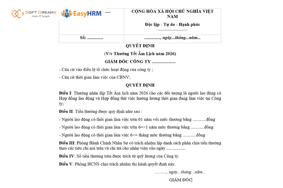 Tham khảo mẫu quyết định thưởng Tết chuẩn chỉnh