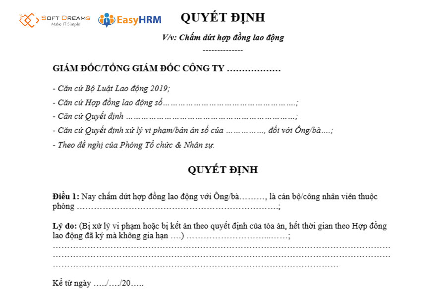 Mẫu quyết định chấm dứt hợp đồng lao động