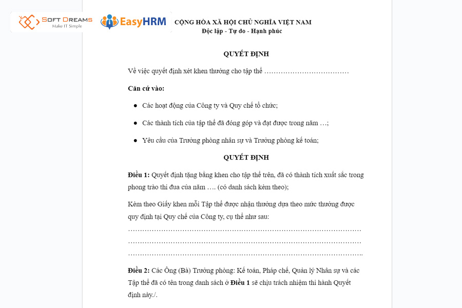 Mẫu quyết định khen thưởng phòng ban, nhóm làm việc tiêu biểu