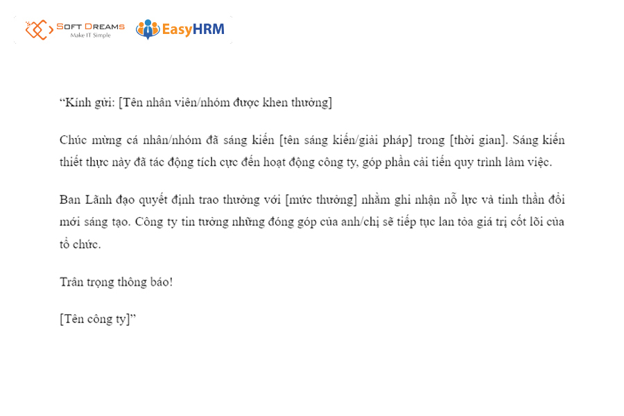 Mẫu thông báo khen thưởng sáng kiến, cải tiến trong công việc