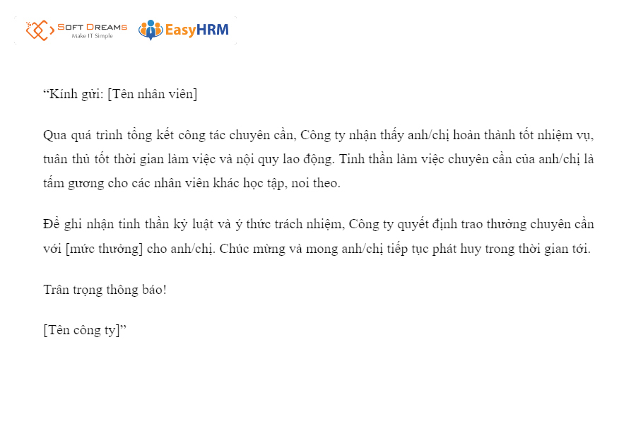 Mẫu thông báo thưởng tinh thần làm việc chuyên cần