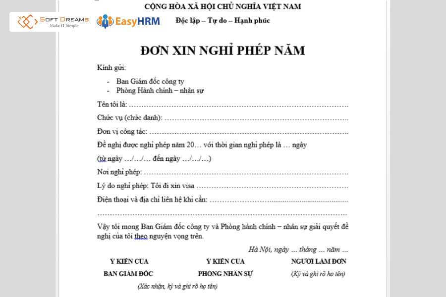 Tham khảo mẫu đơn xin nghỉ phép năm (Mẫu số 2)