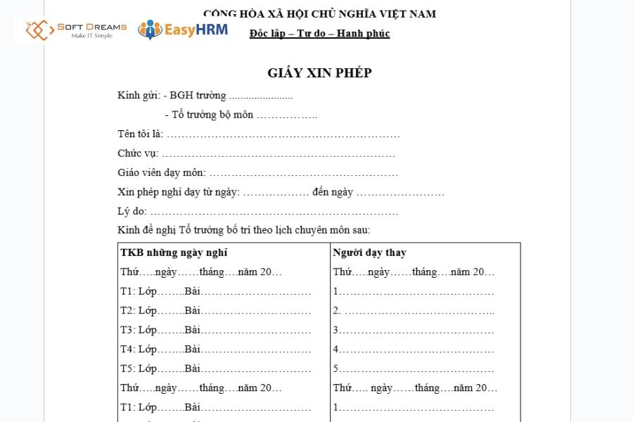 Đơn xin nghỉ phép cho giáo viên