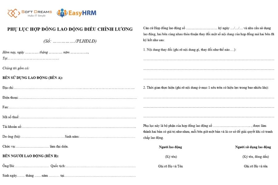 Mẫu phụ lục hợp đồng tăng lương