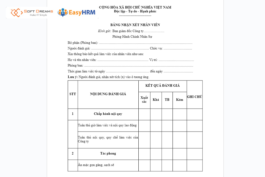 Mẫu đánh giá nhân viên cuối năm tham khảo