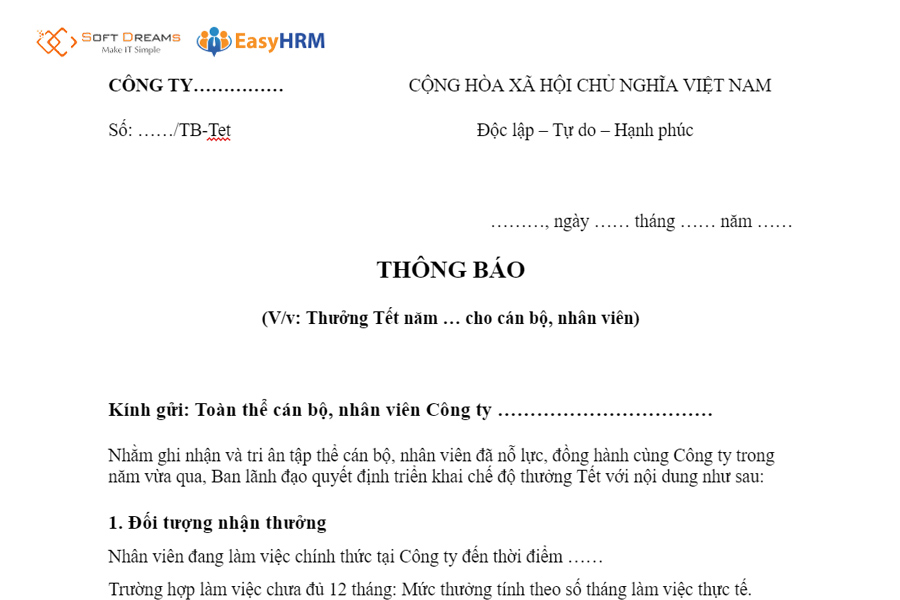 Mẫu thông báo thưởng tết cho nhân viên năm 2026