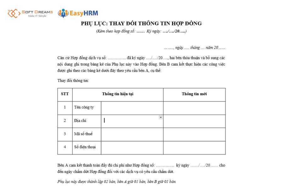 Mẫu phụ lục hợp đồng thay đổi thông tin
