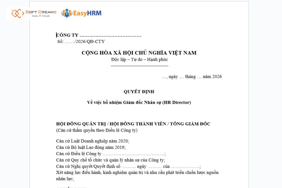Văn bản quyết định bổ nhiệm Giám đốc Nhân sự 