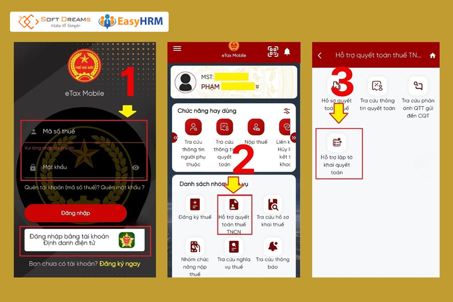 Bước 1: Đăng nhập và truy cập chức năng hỗ trợ quyết toán 