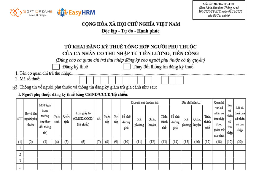 Mẫu tờ khai đăng ký thuế cho người phụ thuộc