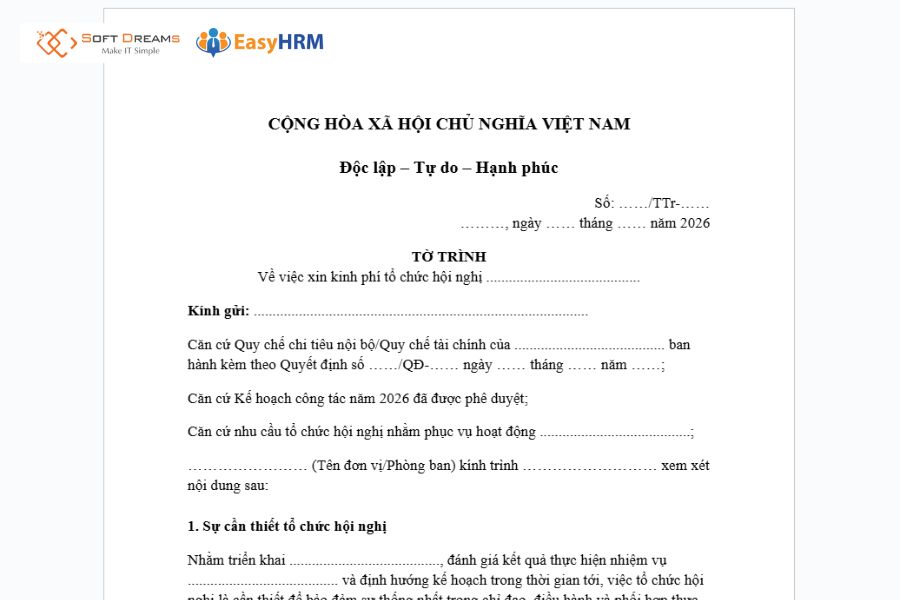 Mẫu tờ trình xin kinh phí tổ chức hội nghị áp dụng 2026