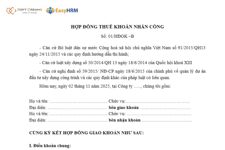 Mẫu hợp đồng giao khoán cá nhân