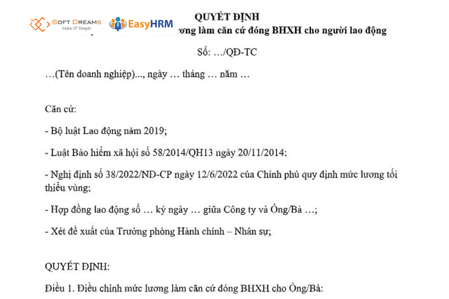 Mẫu quyết định tăng lương đóng BHXH