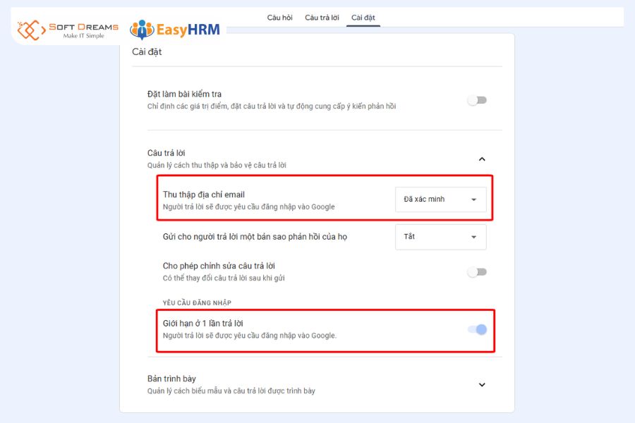 Cài đặt cấu hình cho form chấm công