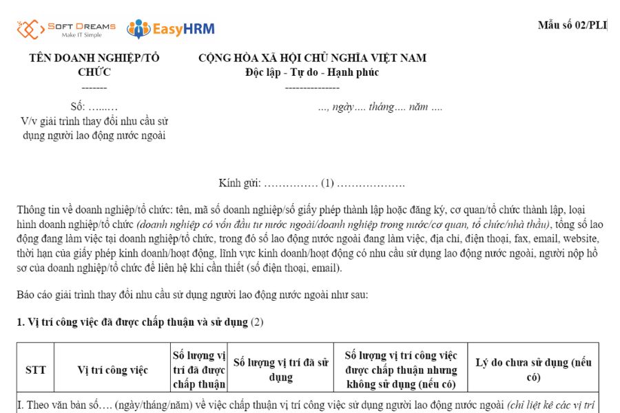Mẫu 02/PLI báo cáo tình hình sử dụng lao động nước ngoài