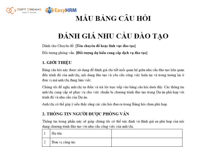 Mẫu phiếu khảo sát nhu cầu đào tạo của doanh nghiệp