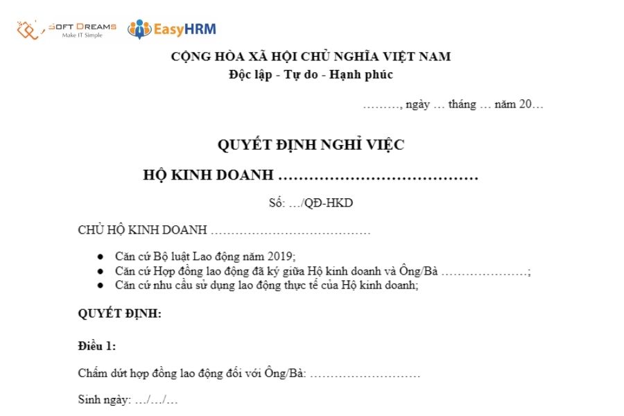 Mẫu quyết định nghỉ việc của hộ kinh doanh