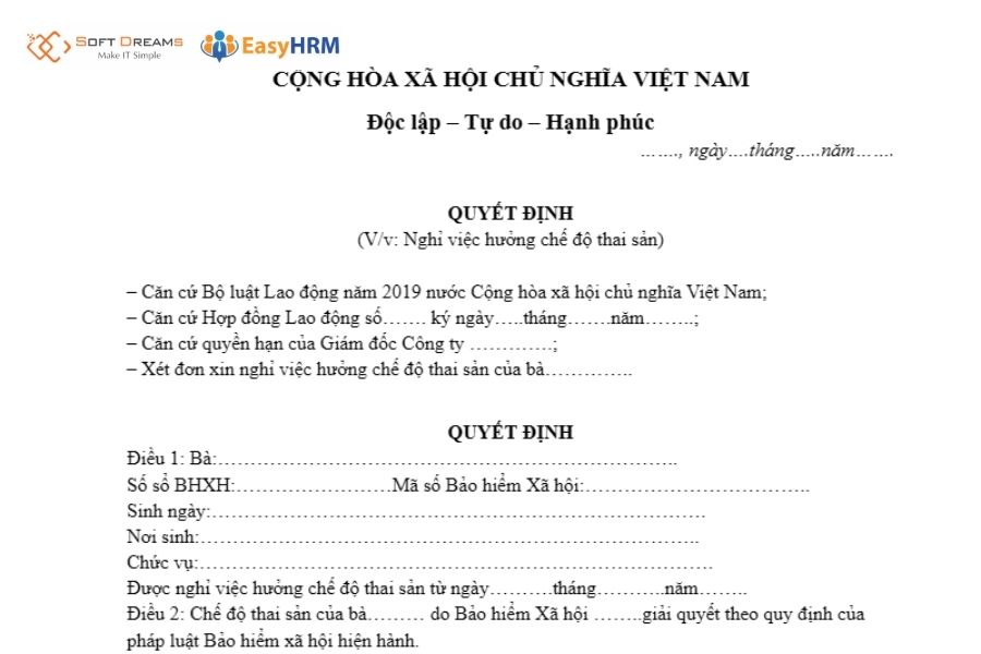 Mẫu quyết định nghỉ việc hưởng chế độ thai sản