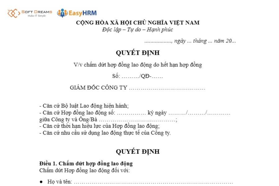 Mẫu quyết định nghỉ việc khi hết hạn hợp đồng