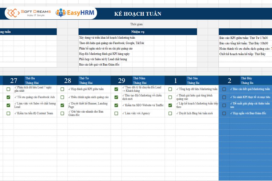 Bảng phân công công việc theo tuần