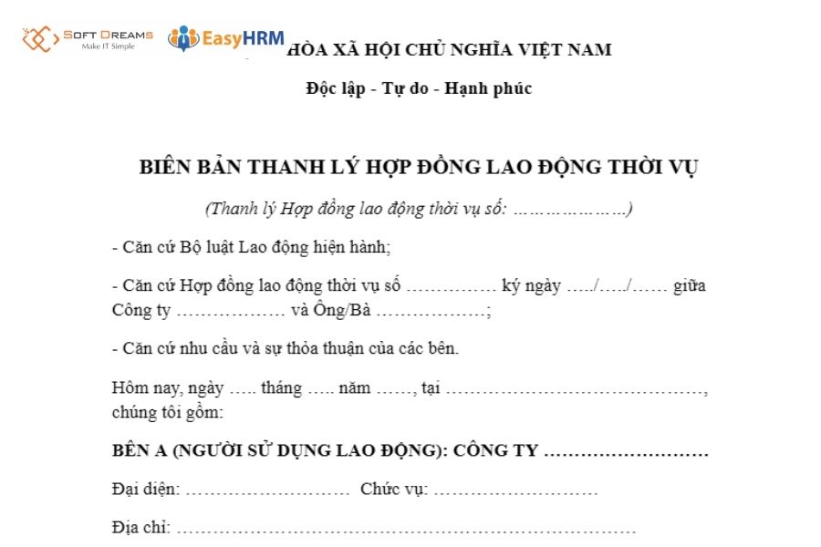 Mẫu biên bản thanh lý hợp đồng lao động thời vụ