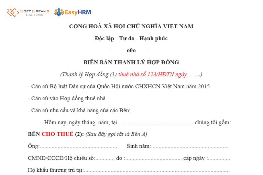 Mẫu biên bản thanh lý hợp đồng thuê nhà