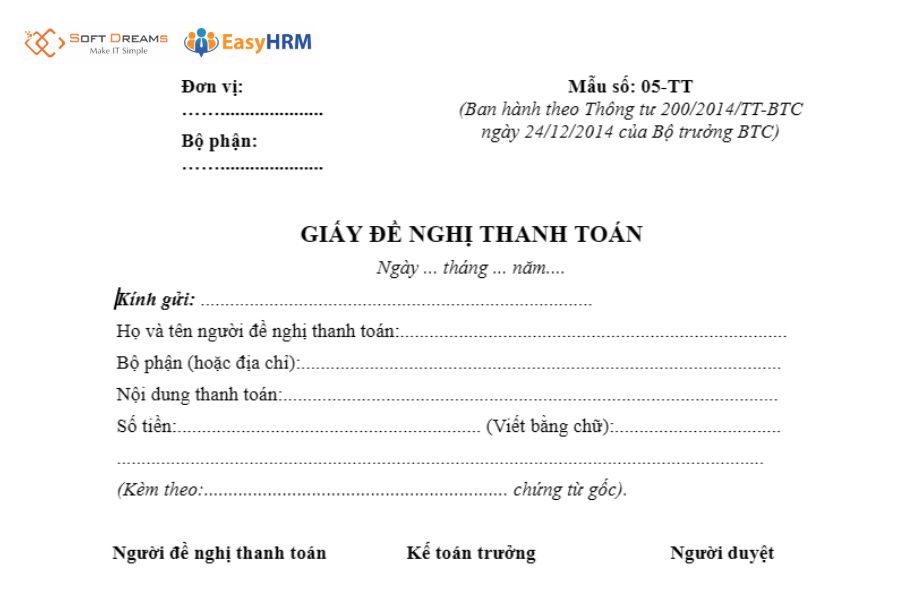 Mẫu giấy đề nghị thanh toán 05-TT