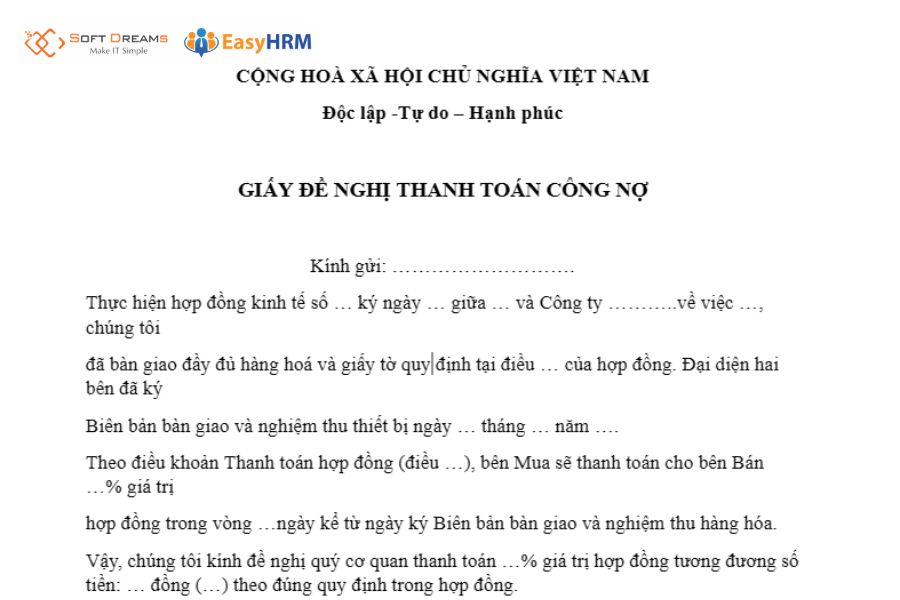 Mẫu giấy đề nghị thanh toán công nợ