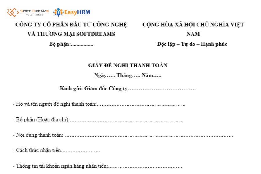 Mẫu giấy đề nghị thanh toán nội bộ doanh nghiệp