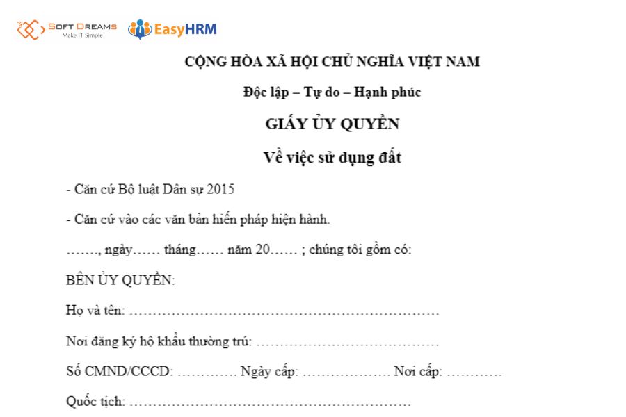 Mẫu giấy uỷ quyền đất đai