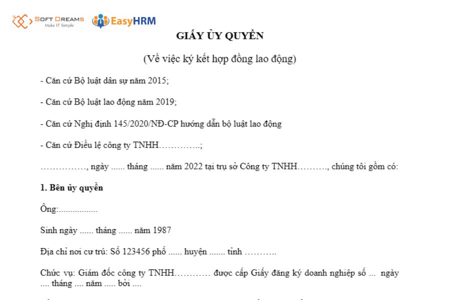 Mẫu giấy ủy quyền ký kết hợp đồng