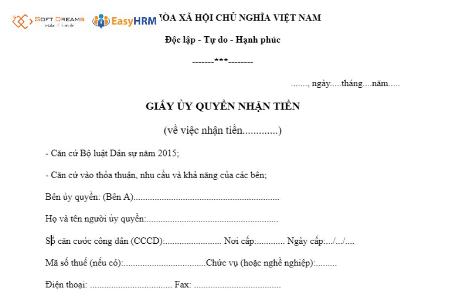 Mẫu giấy ủy quyền nhận tiền
